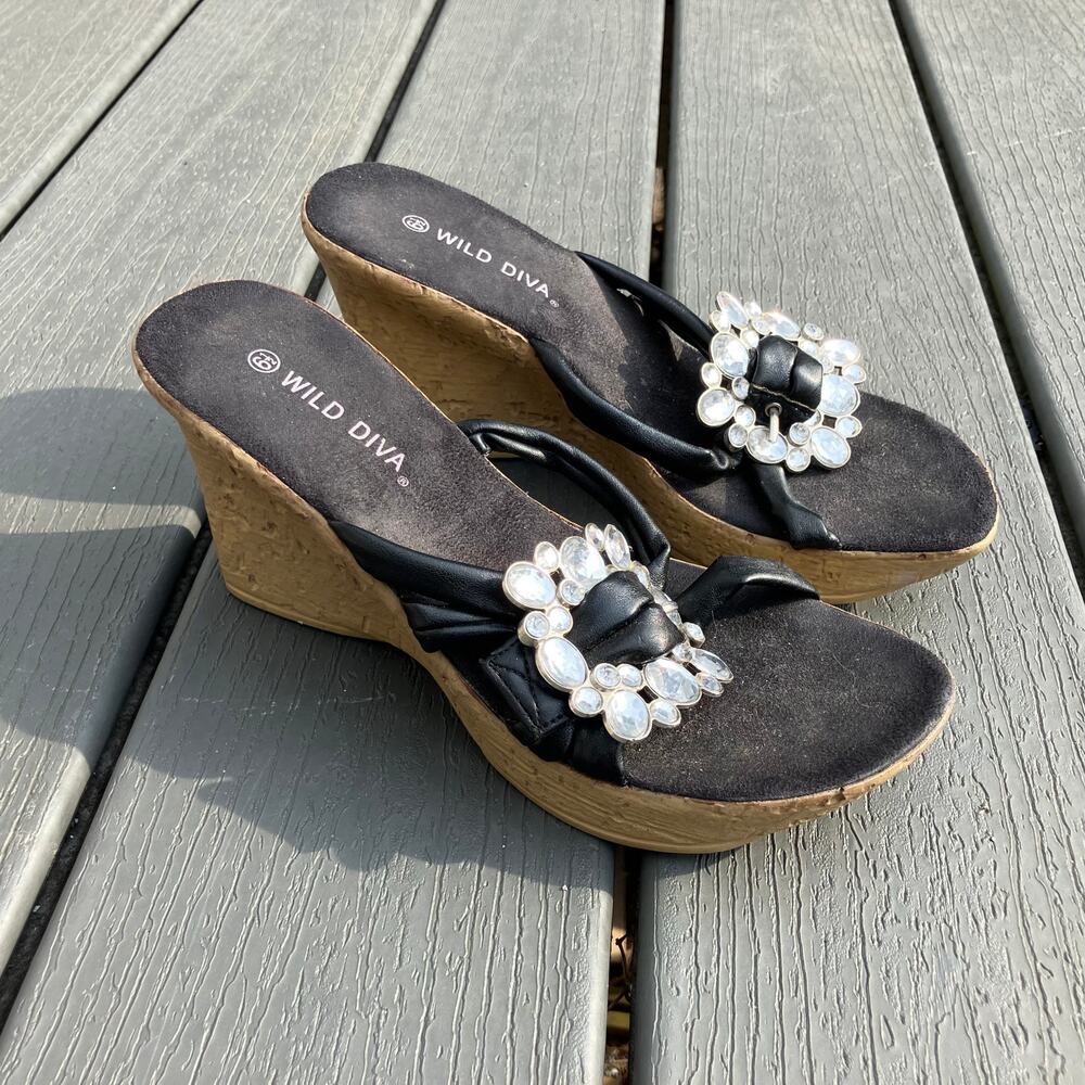 Y2K open toe wedge sandals with rhinestone buckles, bratz mcbling 2000s